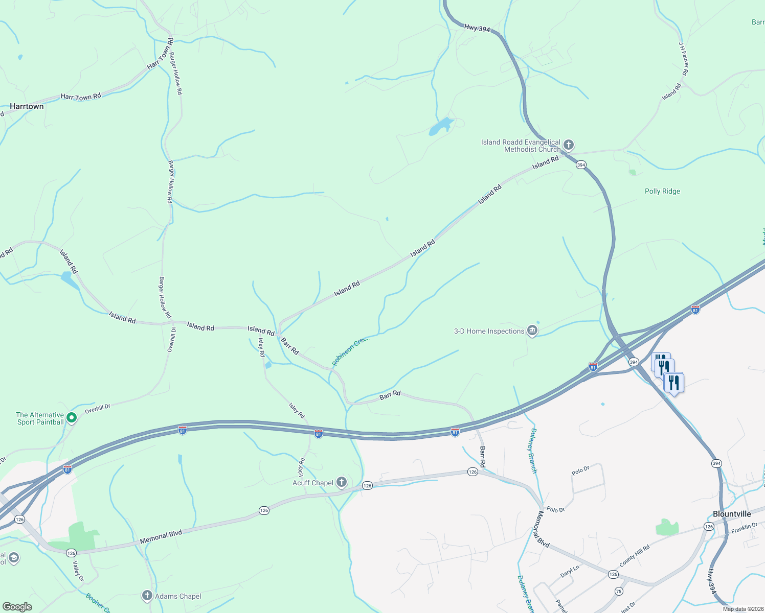 map of restaurants, bars, coffee shops, grocery stores, and more near 2390 Island Road in Blountville