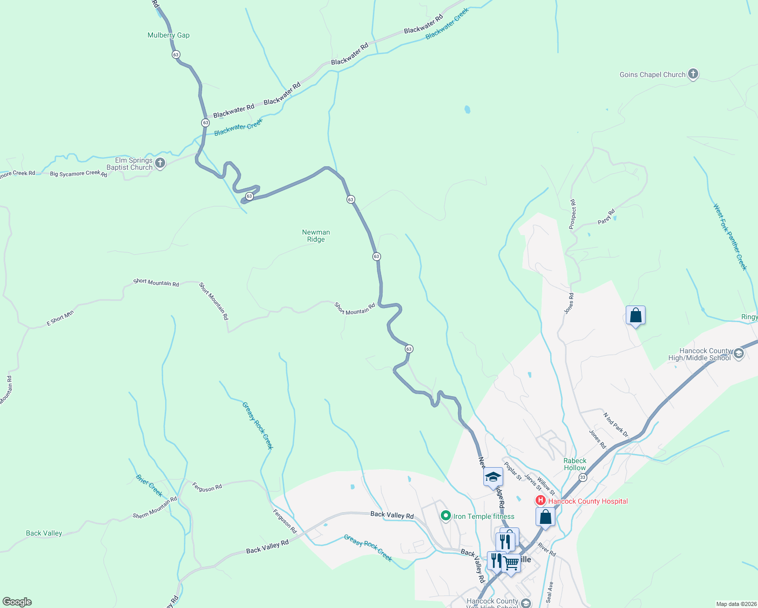 map of restaurants, bars, coffee shops, grocery stores, and more near Collins Road in Sneedville