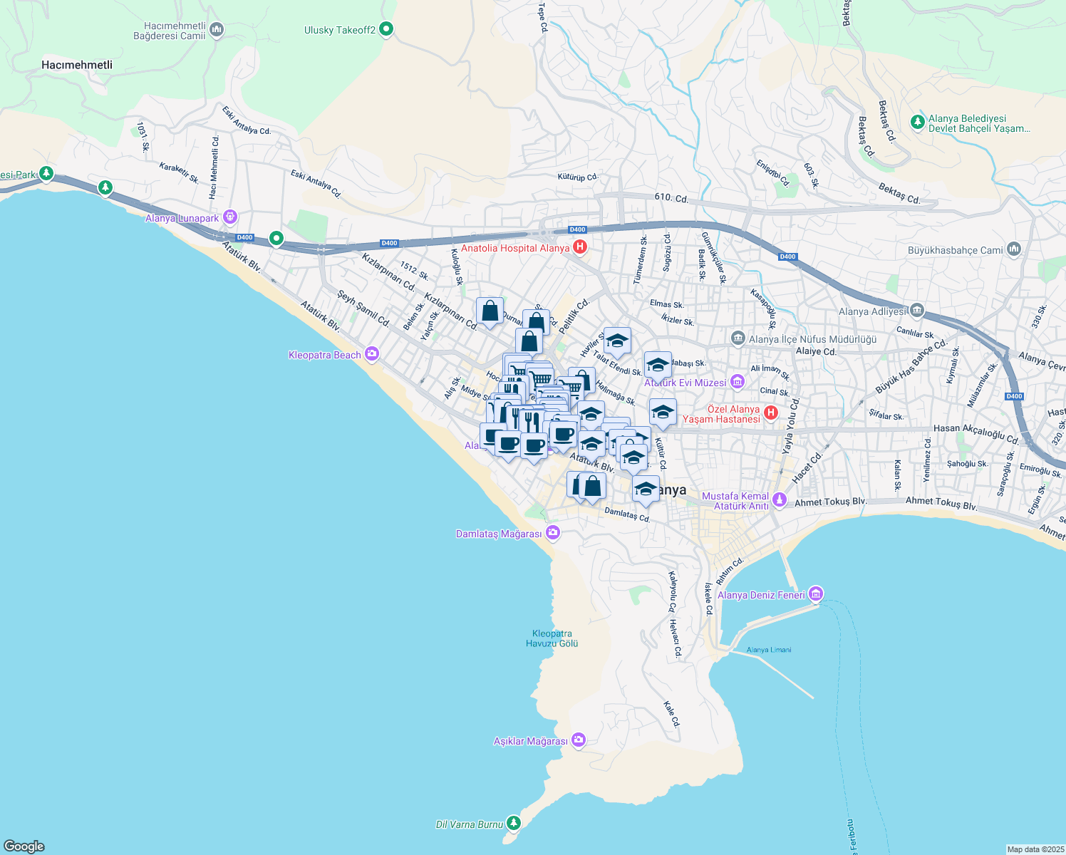 map of restaurants, bars, coffee shops, grocery stores, and more near 5 Mehmet Ali Efendi Sokak in Alanya