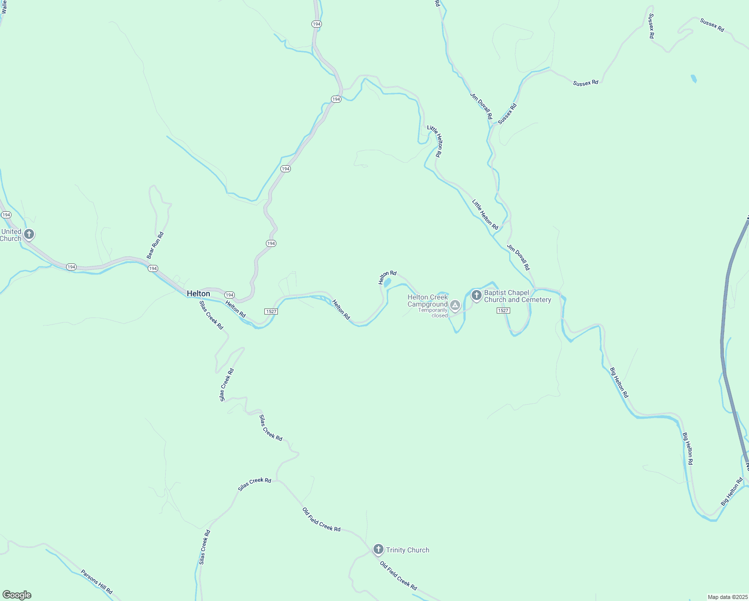map of restaurants, bars, coffee shops, grocery stores, and more near 1293 Helton Road in Grassy Creek