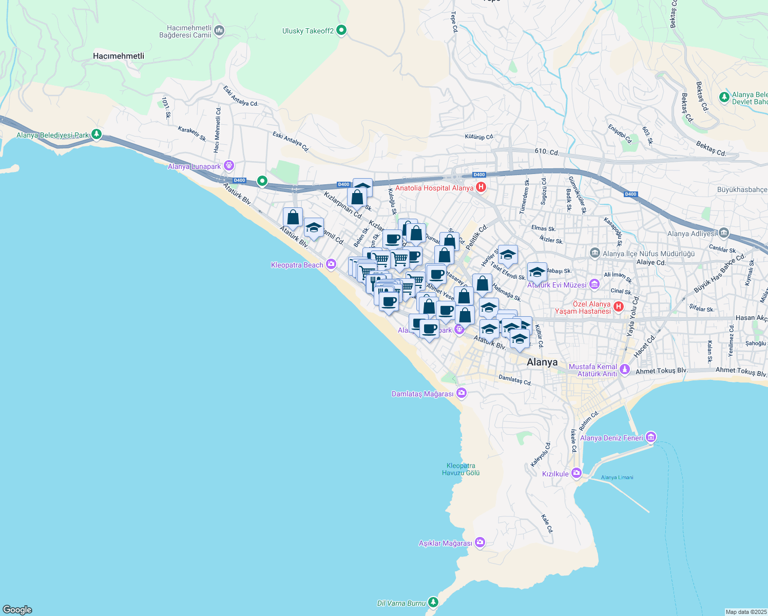 map of restaurants, bars, coffee shops, grocery stores, and more near 145 Atatürk Bulvarı in Alanya