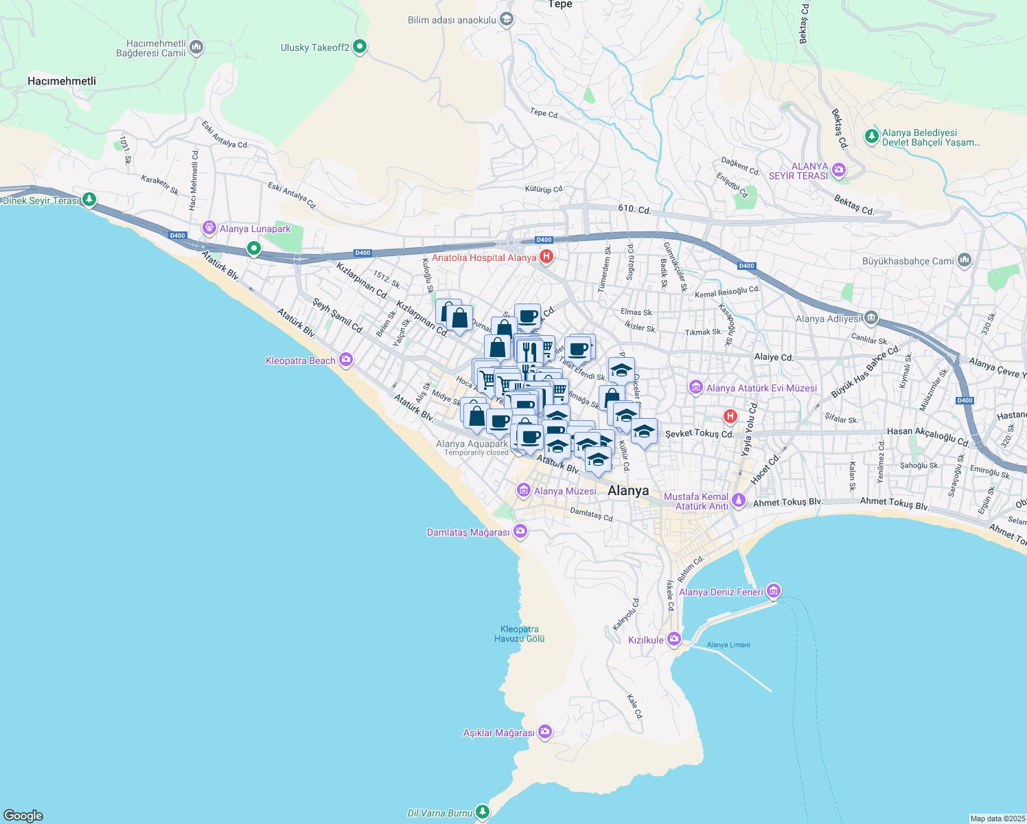 map of restaurants, bars, coffee shops, grocery stores, and more near 30 Galatasaray Caddesi in Alanya