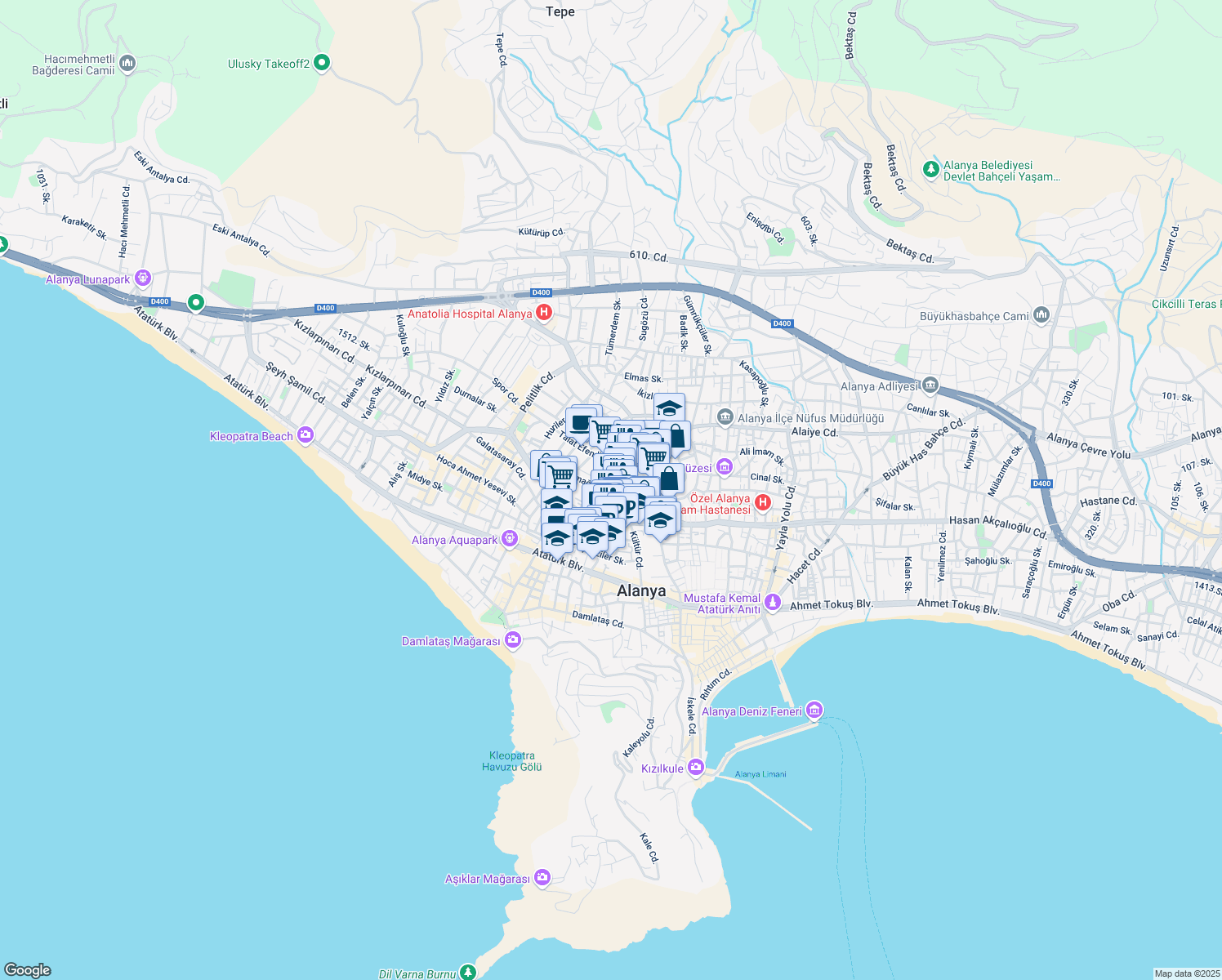 map of restaurants, bars, coffee shops, grocery stores, and more near 4 Halimağa Sokak in Alanya