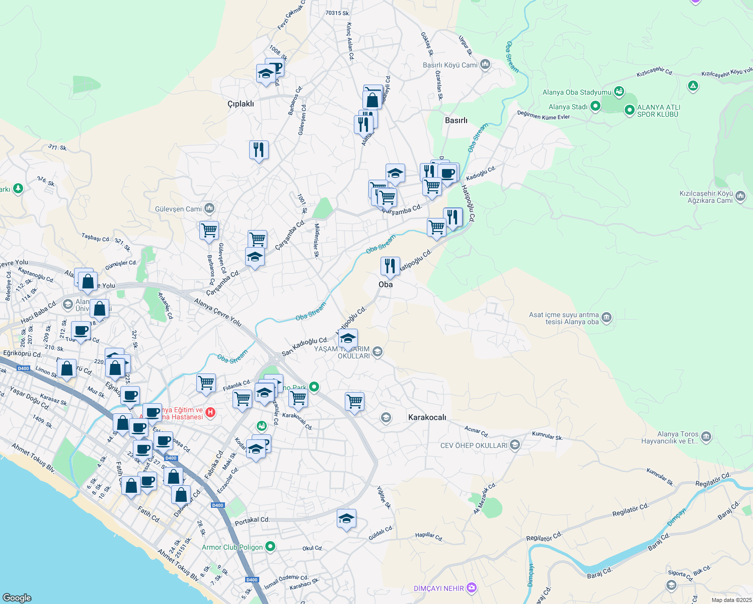 map of restaurants, bars, coffee shops, grocery stores, and more near 26 Hatipoğlu Caddesi in Alanya