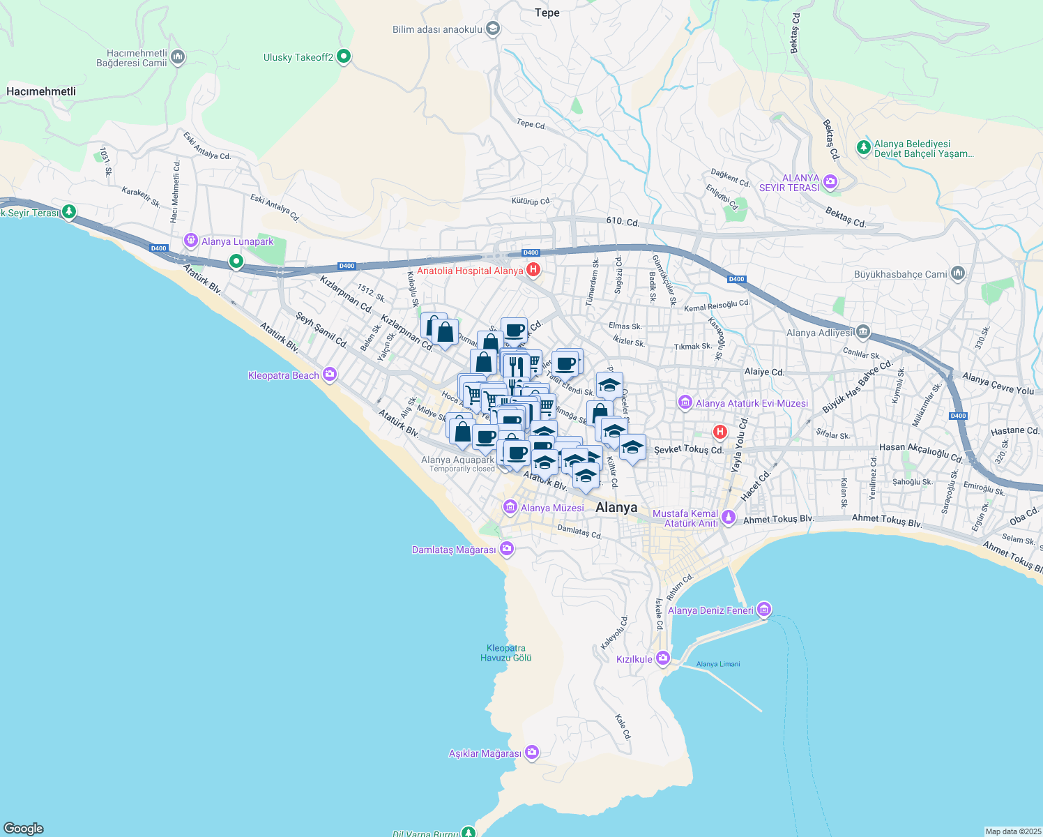 map of restaurants, bars, coffee shops, grocery stores, and more near 30 Galatasaray Caddesi in Alanya