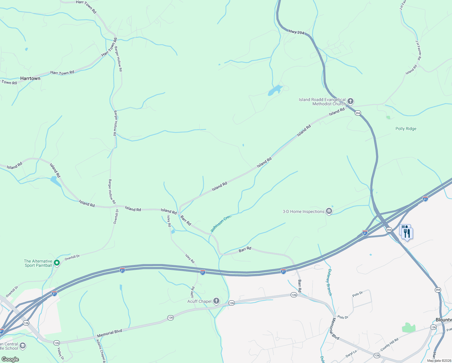 map of restaurants, bars, coffee shops, grocery stores, and more near 2294-2398 Island Road in Blountville