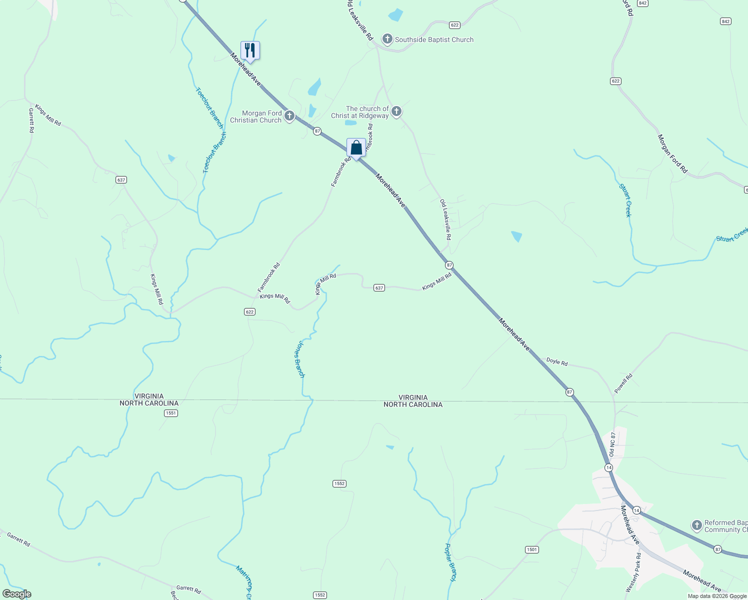 map of restaurants, bars, coffee shops, grocery stores, and more near 3412 Kings Mill Road in Ridgeway