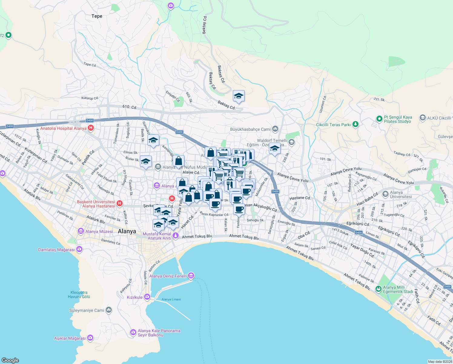 map of restaurants, bars, coffee shops, grocery stores, and more near Caddesi in Alanya