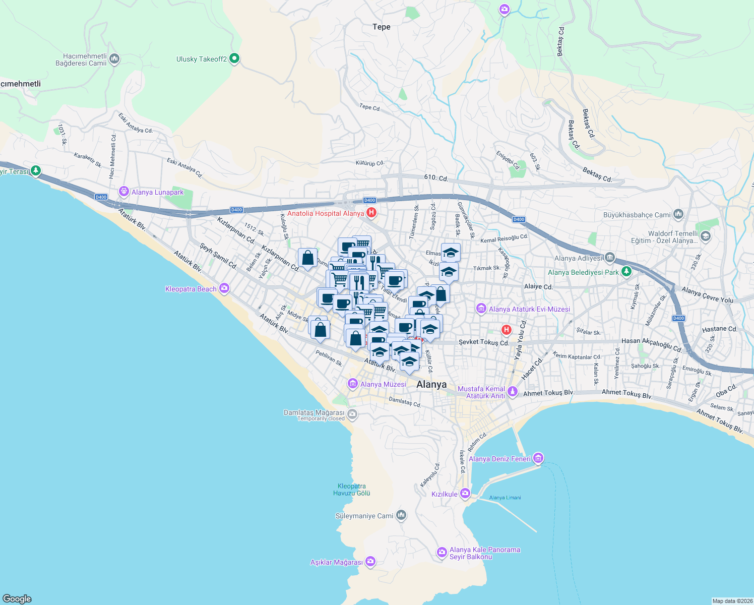 map of restaurants, bars, coffee shops, grocery stores, and more near Çelikler Sokak in Alanya