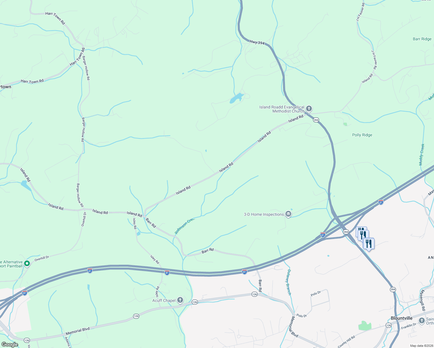 map of restaurants, bars, coffee shops, grocery stores, and more near 2398 Island Rd in Blountville