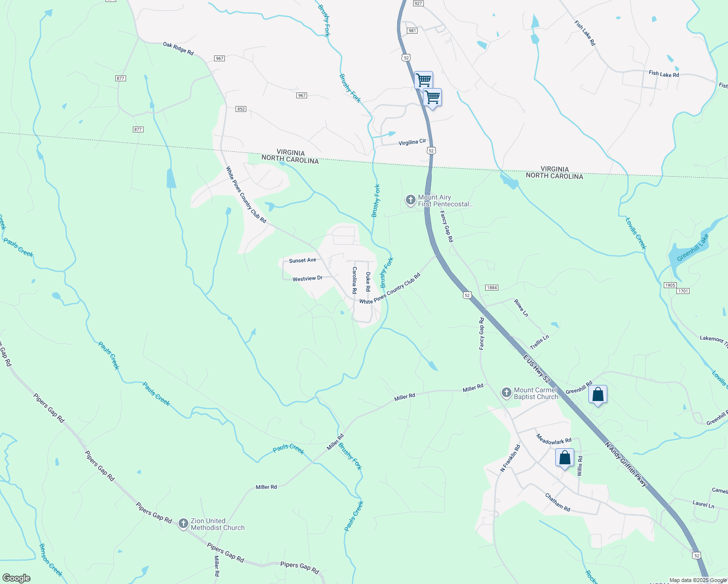 map of restaurants, bars, coffee shops, grocery stores, and more near 120 Carolina Road in Mount Airy