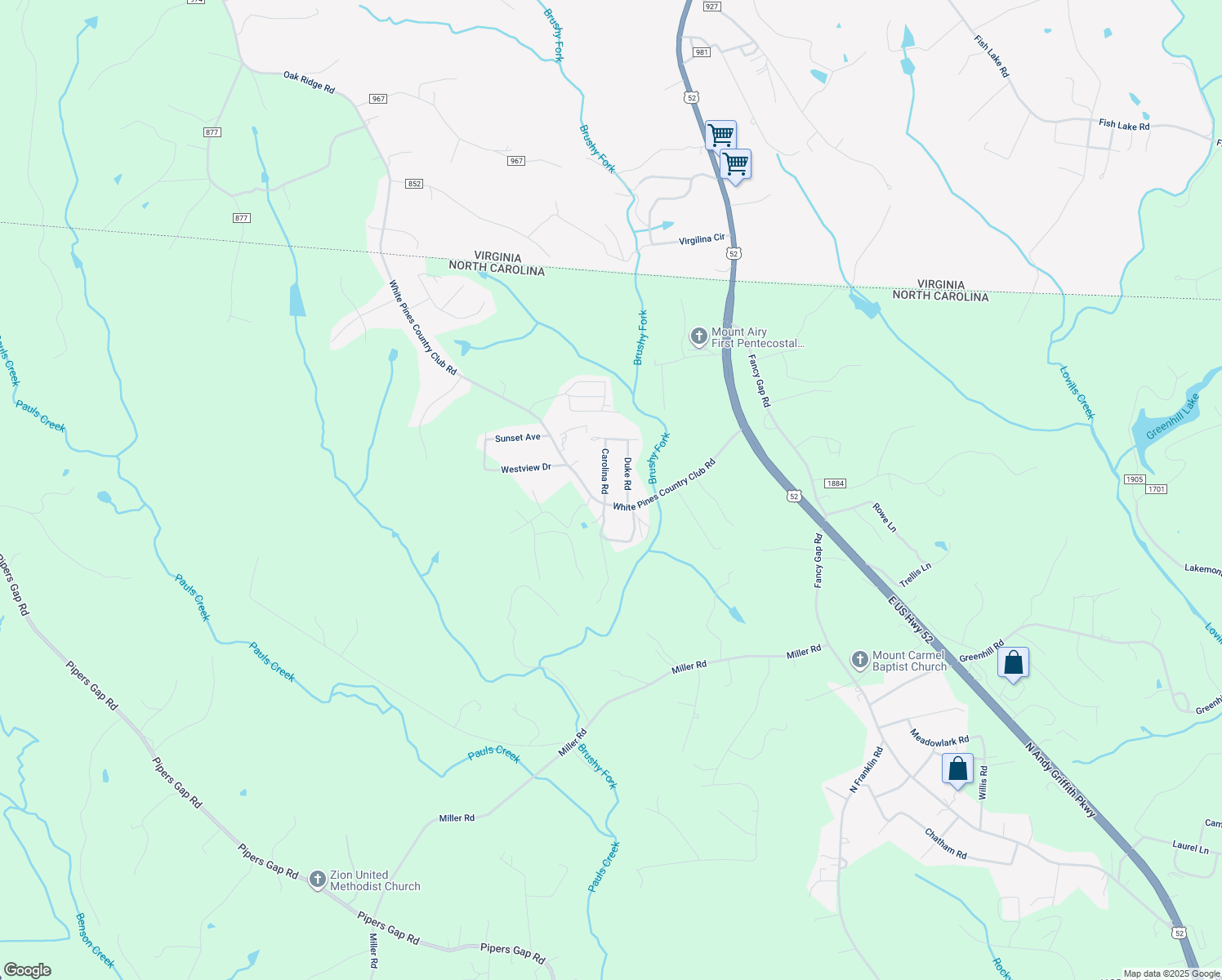 map of restaurants, bars, coffee shops, grocery stores, and more near 120 Carolina Road in Mount Airy