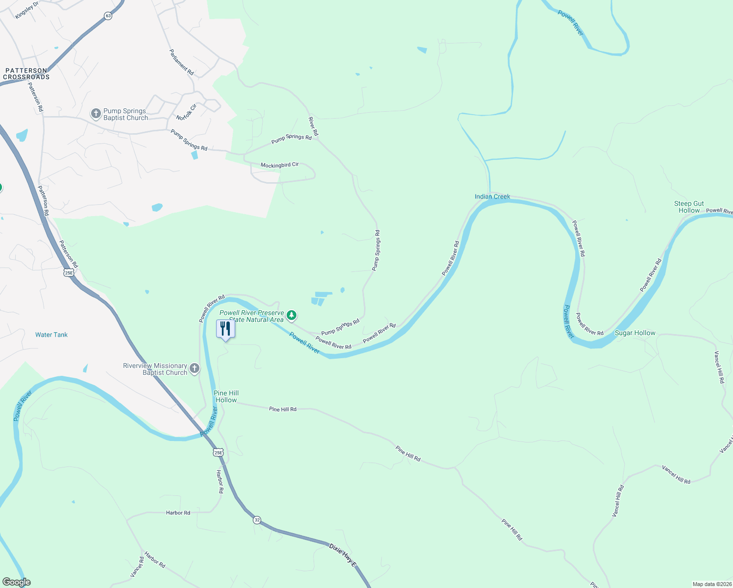 map of restaurants, bars, coffee shops, grocery stores, and more near 1215 Pump Springs Road in Harrogate