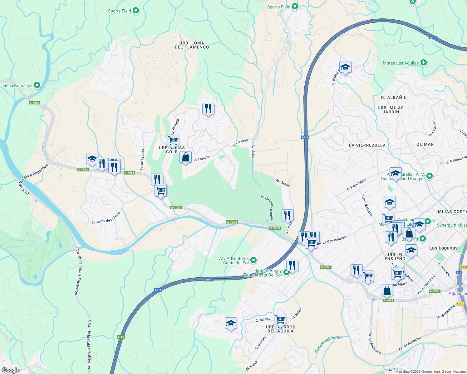 map of restaurants, bars, coffee shops, grocery stores, and more near 1-3-5 Avenida Louison Bobet Urb Mijas Golf in Las Lagunas de Mijas