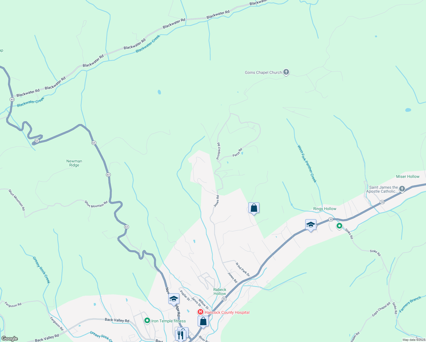 map of restaurants, bars, coffee shops, grocery stores, and more near 373 Prospect Road in Sneedville