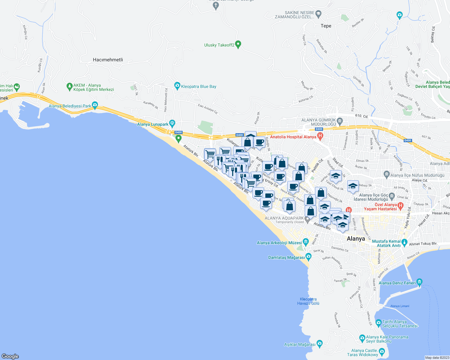map of restaurants, bars, coffee shops, grocery stores, and more near 199 Atatürk Bulvarı in Alanya