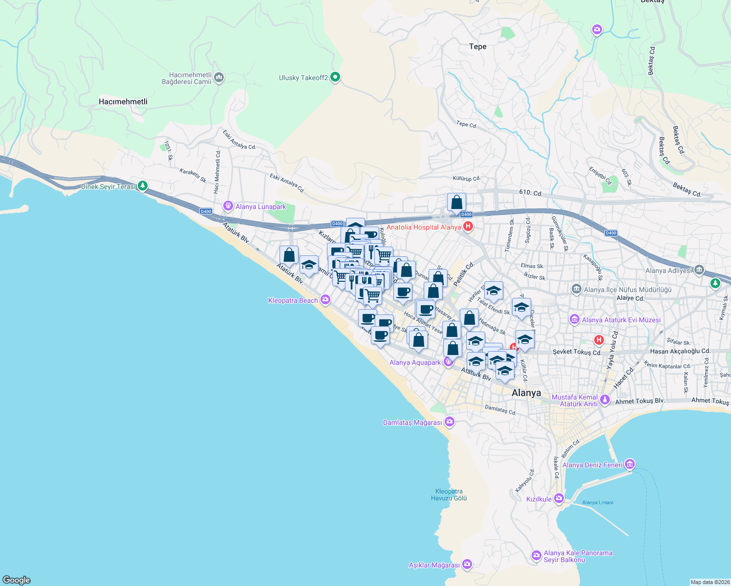 map of restaurants, bars, coffee shops, grocery stores, and more near 2 Ali Nazım Sokak in Alanya