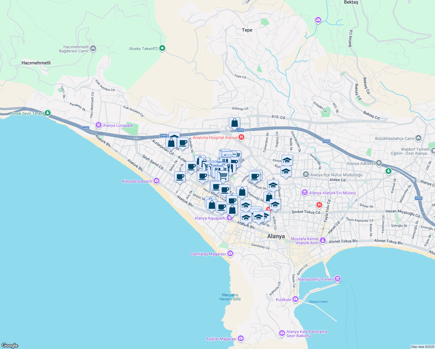 map of restaurants, bars, coffee shops, grocery stores, and more near 2 Güzeloğlu Sokak in Alanya
