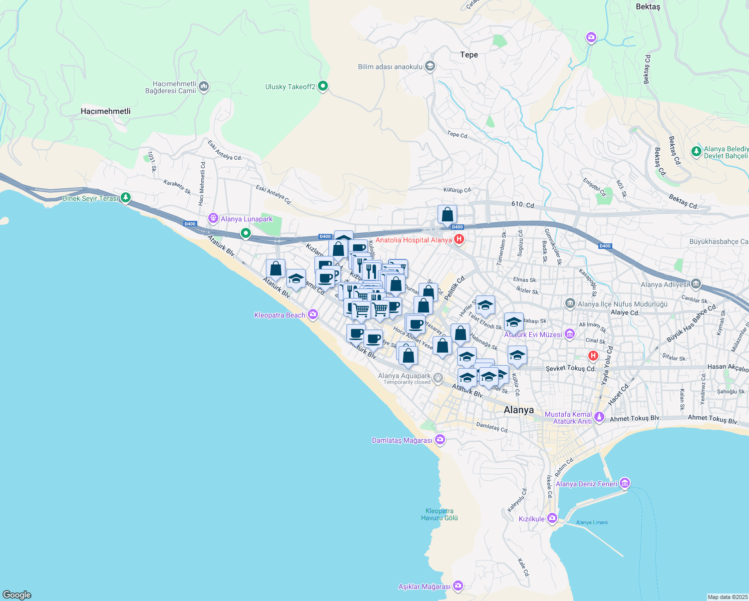 map of restaurants, bars, coffee shops, grocery stores, and more near 9 Tatış Sokak in Alanya