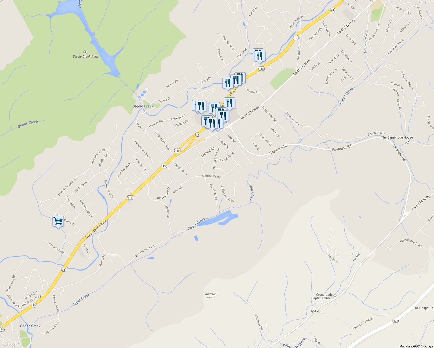map of restaurants, bars, coffee shops, grocery stores, and more near 403 Spring Brook Drive in Bristol