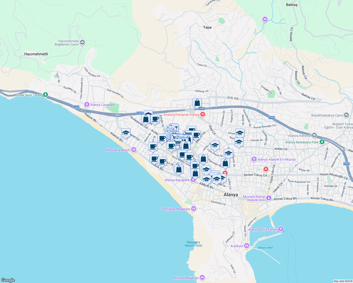 map of restaurants, bars, coffee shops, grocery stores, and more near 8 Özmüftüoğlu Sokak in Alanya