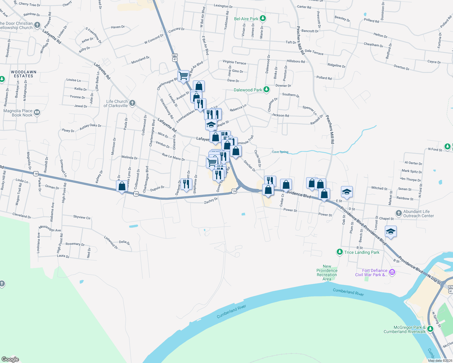 map of restaurants, bars, coffee shops, grocery stores, and more near 145 Dover Crossing Road in Clarksville
