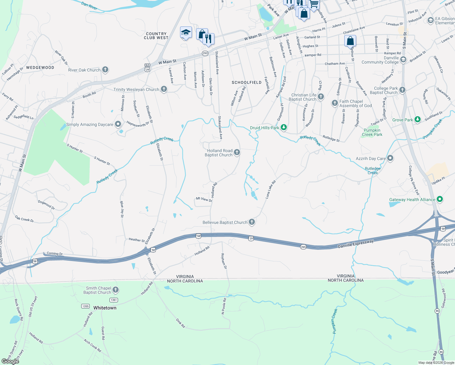map of restaurants, bars, coffee shops, grocery stores, and more near 777 Holland Road in Danville