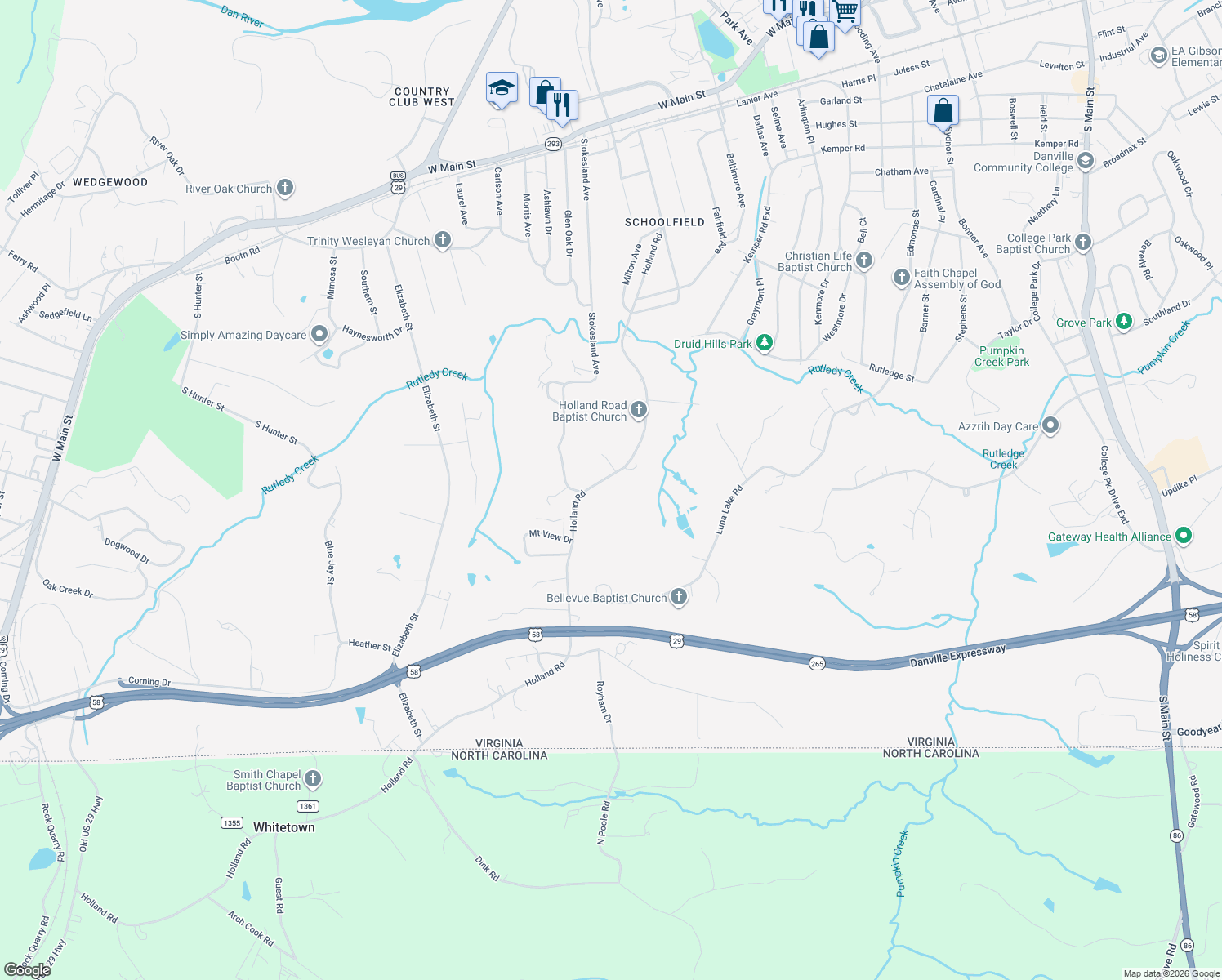 map of restaurants, bars, coffee shops, grocery stores, and more near 777 Holland Road in Danville