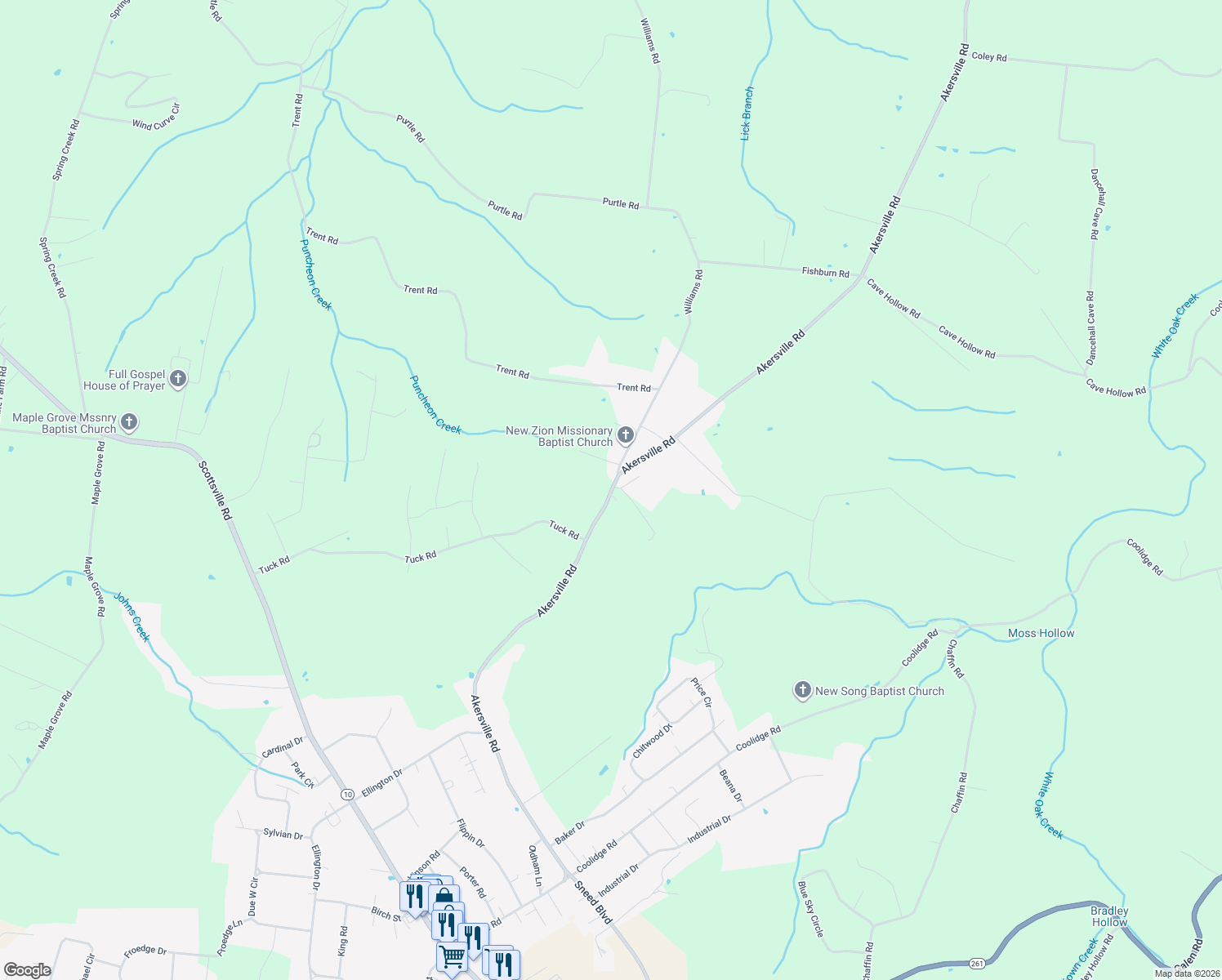 map of restaurants, bars, coffee shops, grocery stores, and more near 1717 Akersville Road in Lafayette