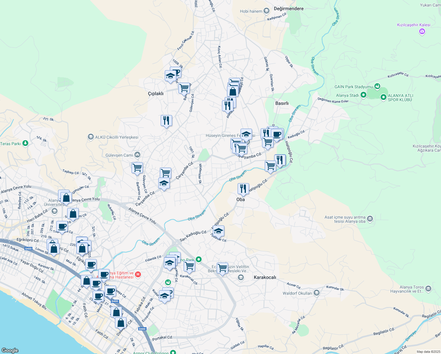 map of restaurants, bars, coffee shops, grocery stores, and more near Bacaksızlar Sokak in Alanya