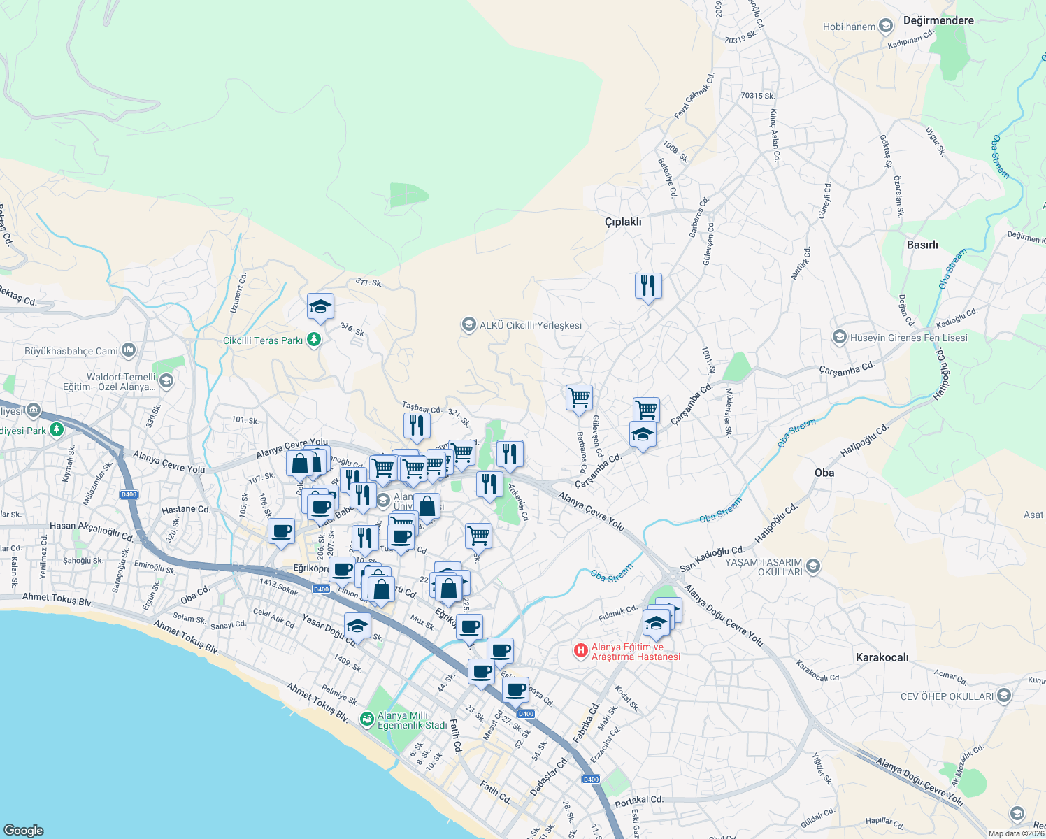 map of restaurants, bars, coffee shops, grocery stores, and more near Fevzi Çakmak Caddesi in Alanya