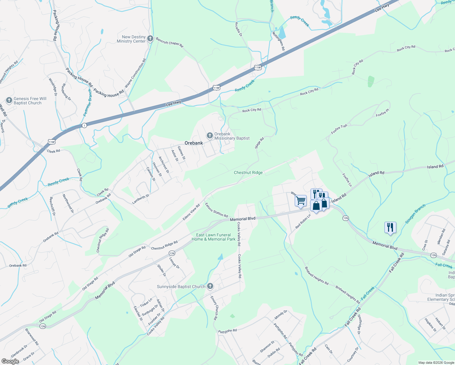 map of restaurants, bars, coffee shops, grocery stores, and more near 4825 Edens View Road in Kingsport