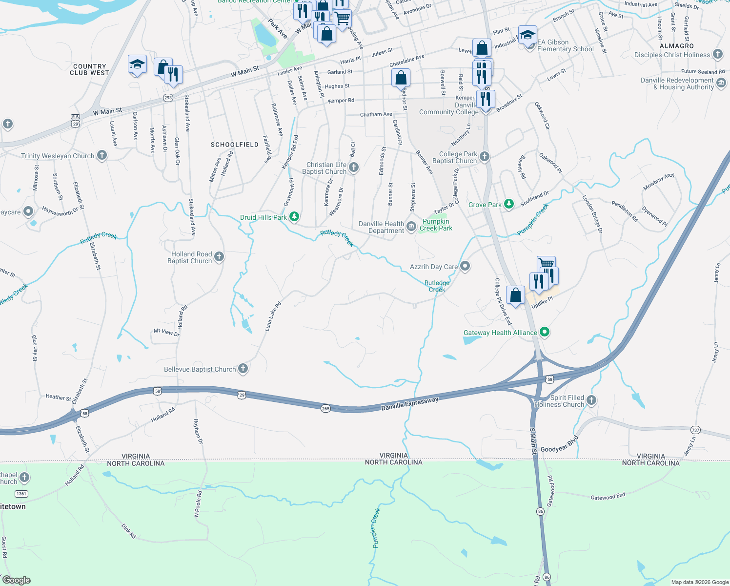 map of restaurants, bars, coffee shops, grocery stores, and more near Gaither Road in Danville