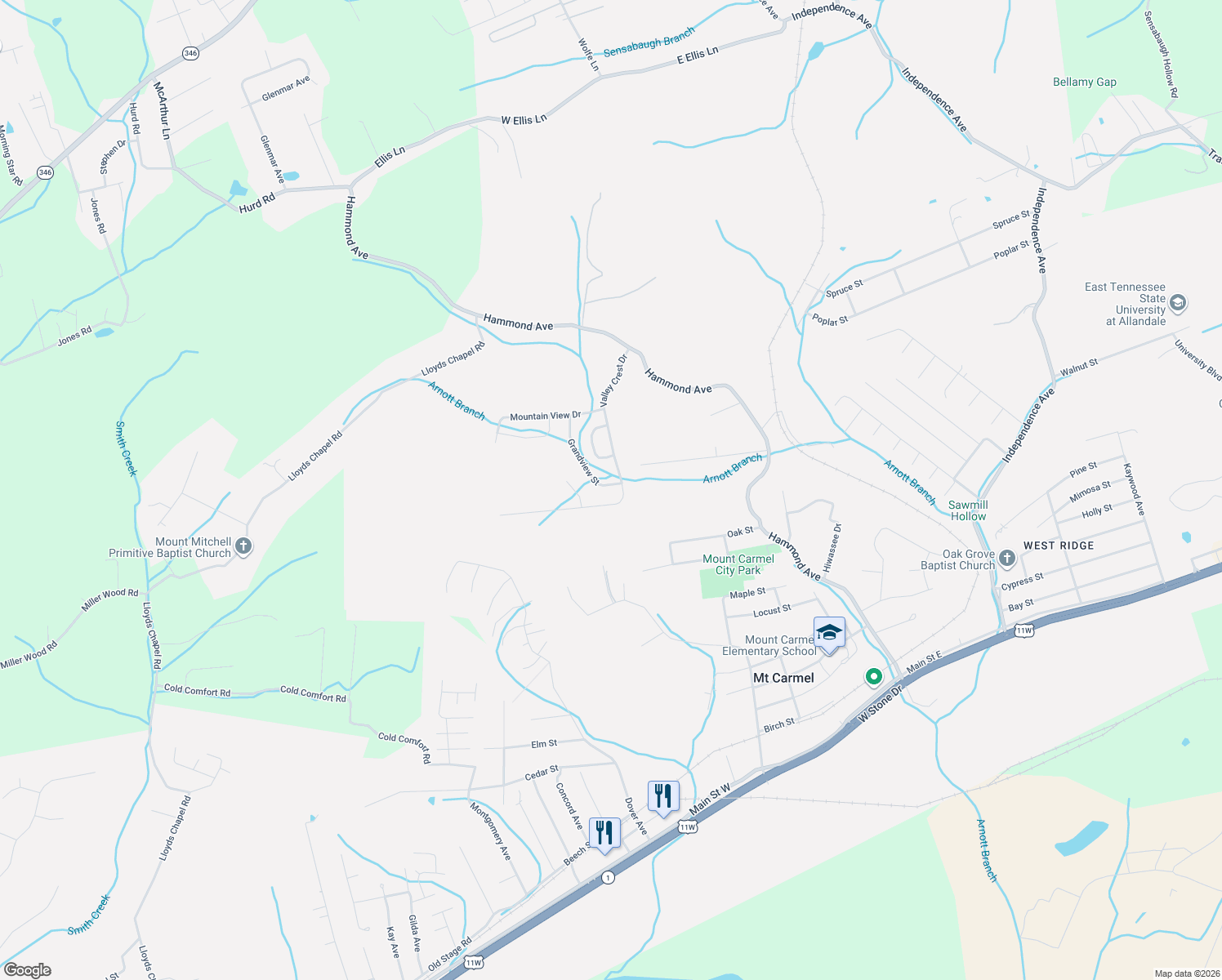 map of restaurants, bars, coffee shops, grocery stores, and more near 150 Valley Crest Drive in Mount Carmel