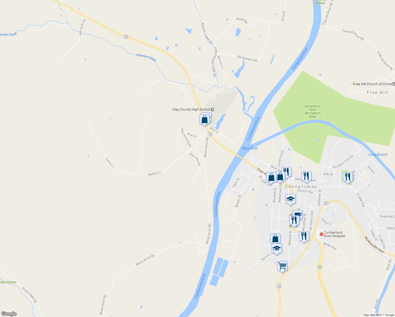 map of restaurants, bars, coffee shops, grocery stores, and more near Obey View Rd in Celina