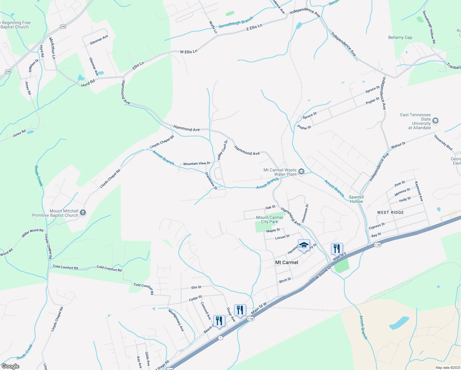 map of restaurants, bars, coffee shops, grocery stores, and more near 150 Valley Crest Drive in Mount Carmel