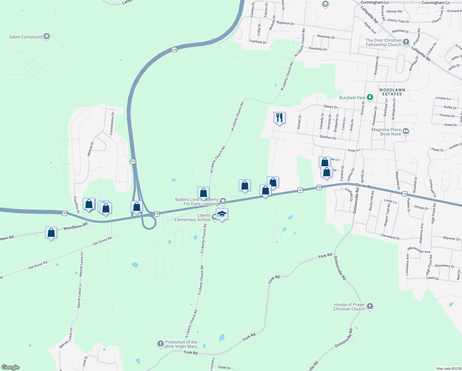 map of restaurants, bars, coffee shops, grocery stores, and more near 1017 Dover Road in Clarksville