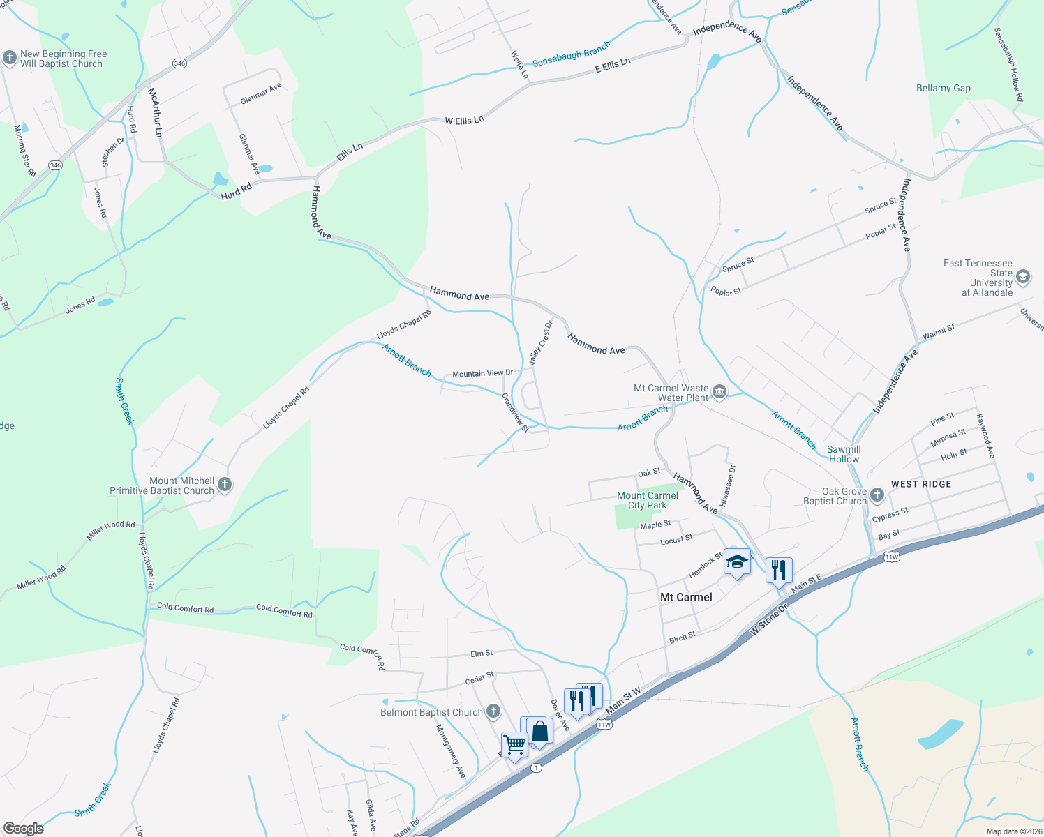 map of restaurants, bars, coffee shops, grocery stores, and more near 209 Grandview Street in Mount Carmel