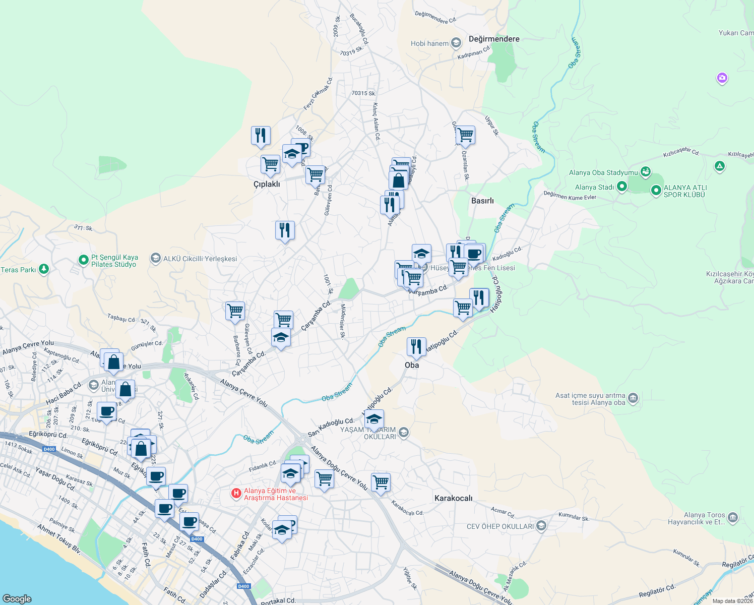 map of restaurants, bars, coffee shops, grocery stores, and more near 51/B Çarşamba Caddesi in Alanya