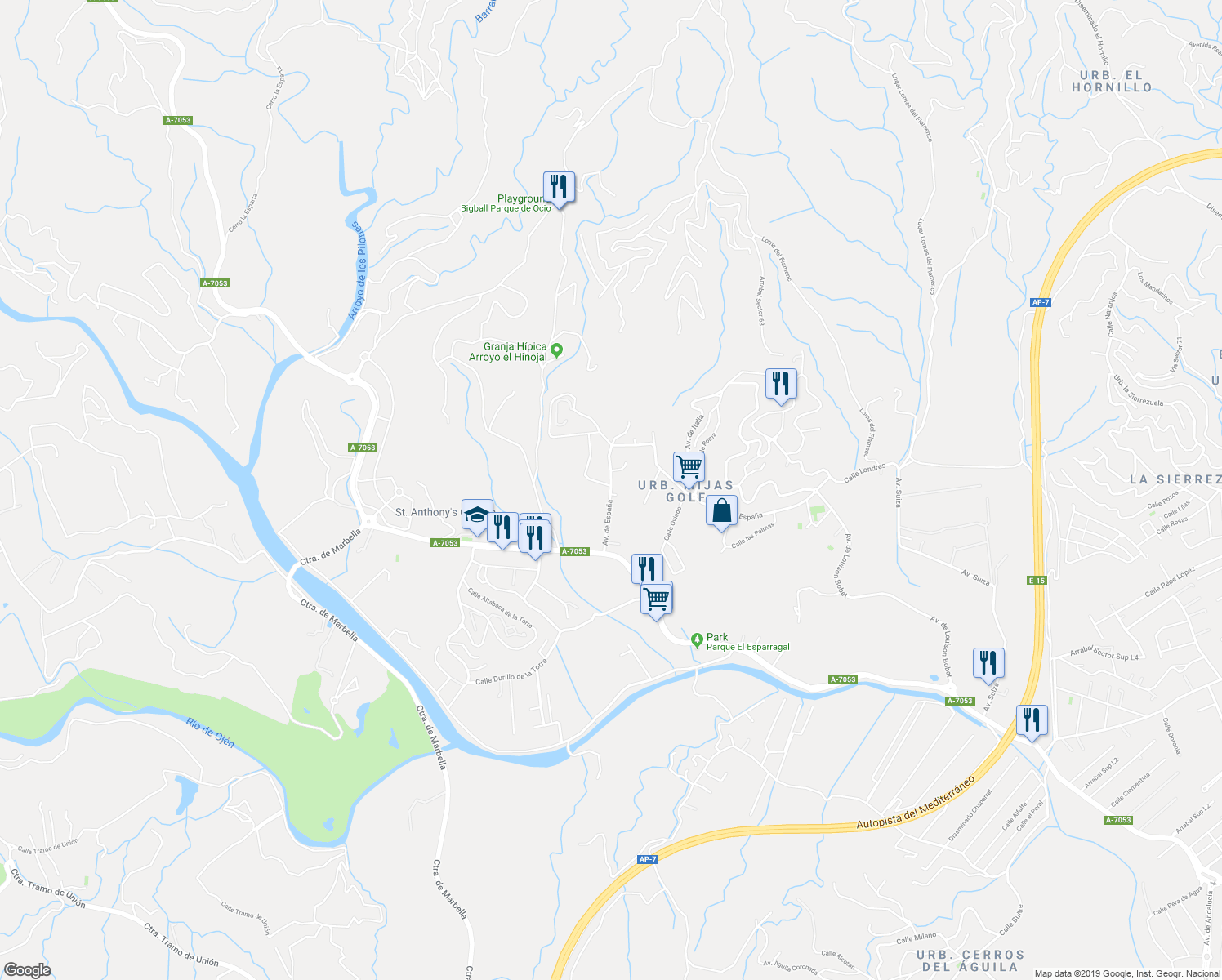 map of restaurants, bars, coffee shops, grocery stores, and more near 139 Urbanización Mijas Golf in Las Lagunas de Mijas