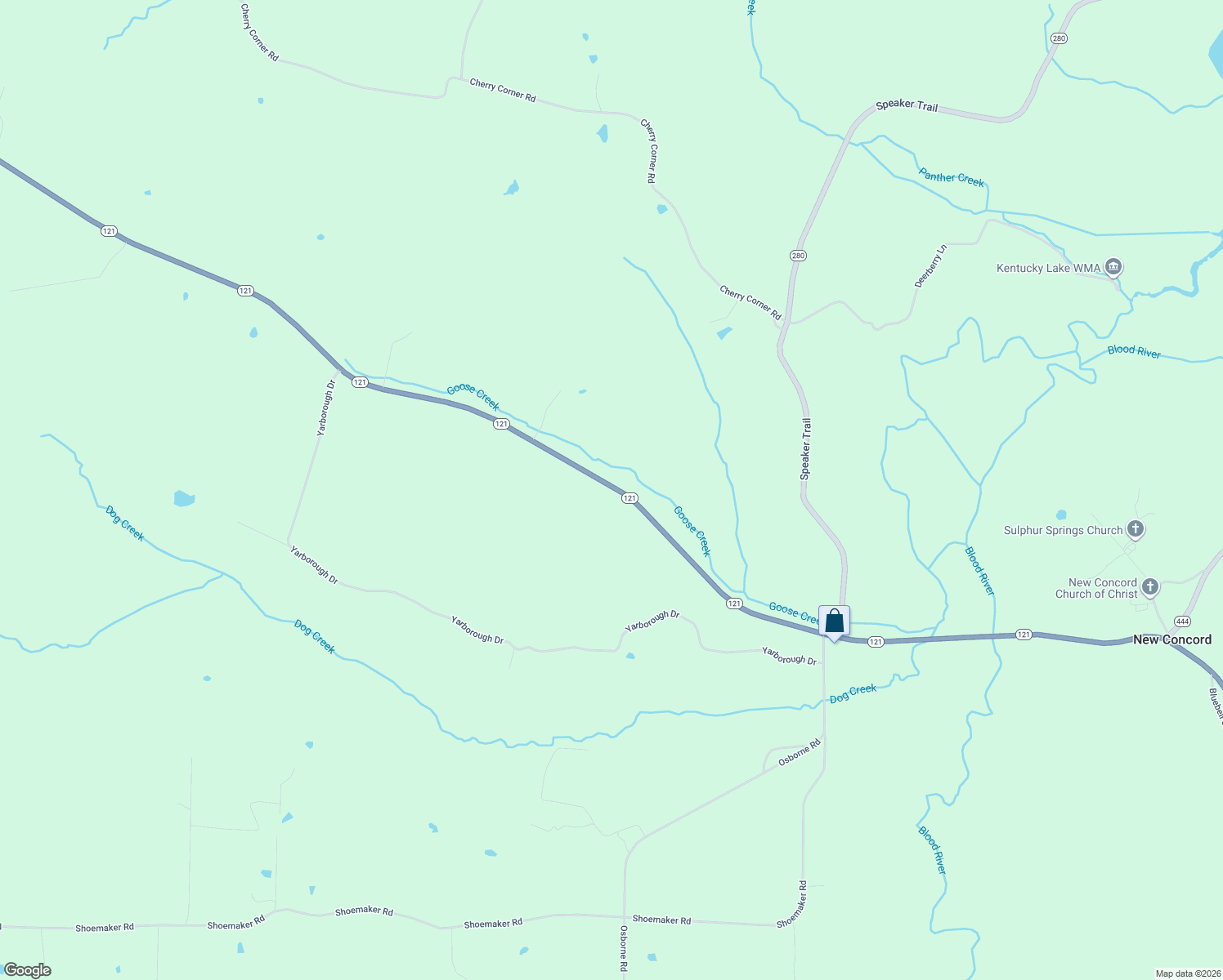 map of restaurants, bars, coffee shops, grocery stores, and more near 8642 Kentucky 121 in Murray