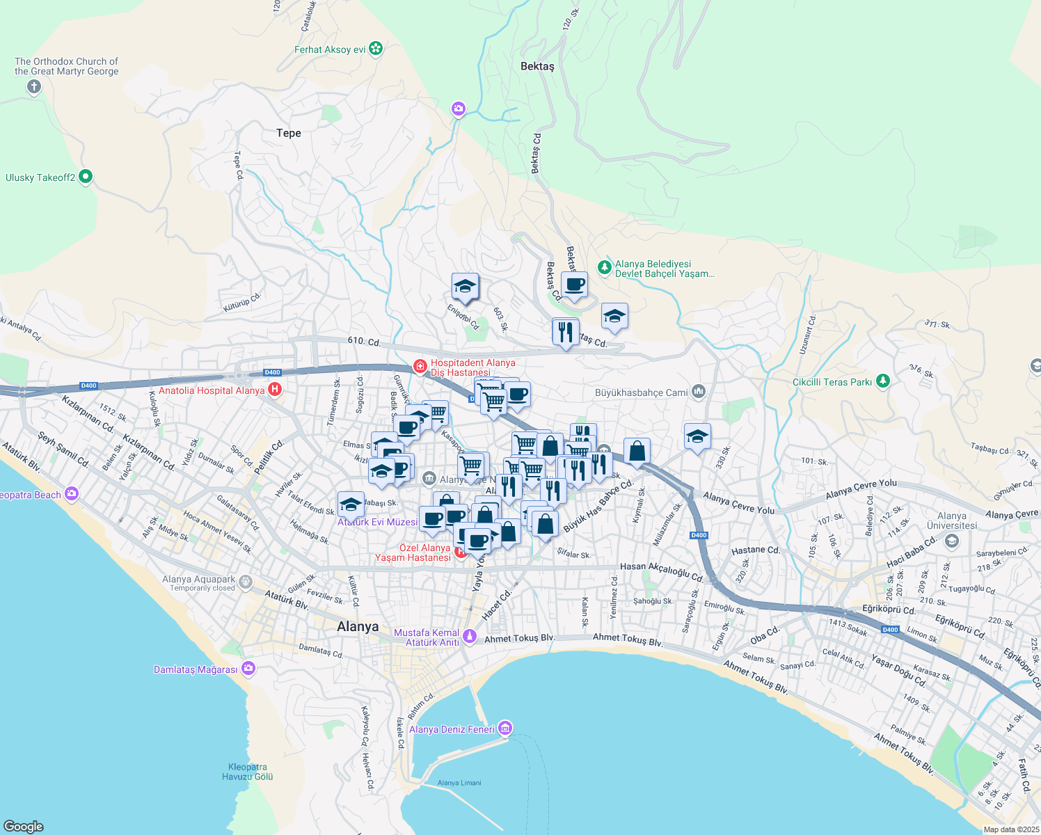 map of restaurants, bars, coffee shops, grocery stores, and more near 15 Koçlar Sokak in Alanya