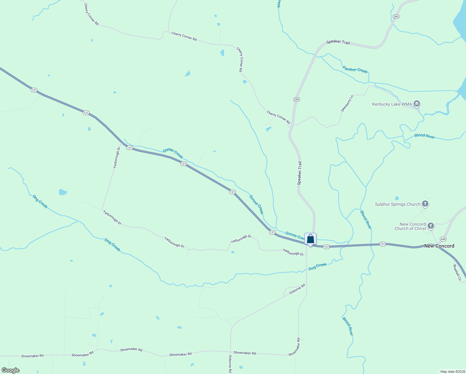 map of restaurants, bars, coffee shops, grocery stores, and more near 8642 Kentucky 121 in Murray