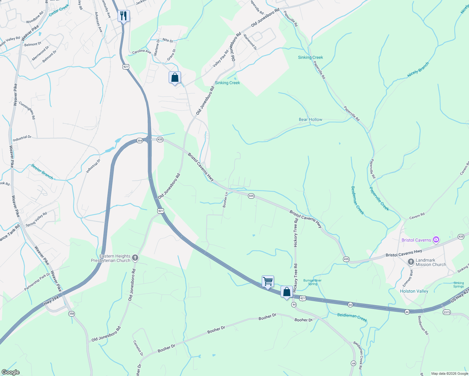 map of restaurants, bars, coffee shops, grocery stores, and more near 449 Bristol Caverns Highway in Bristol