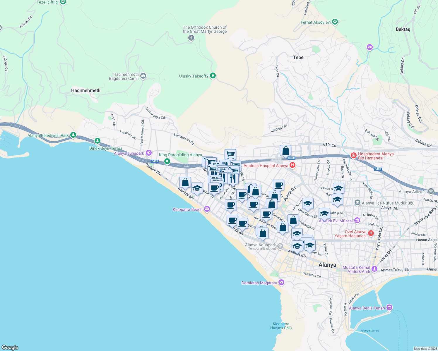 map of restaurants, bars, coffee shops, grocery stores, and more near in Alanya