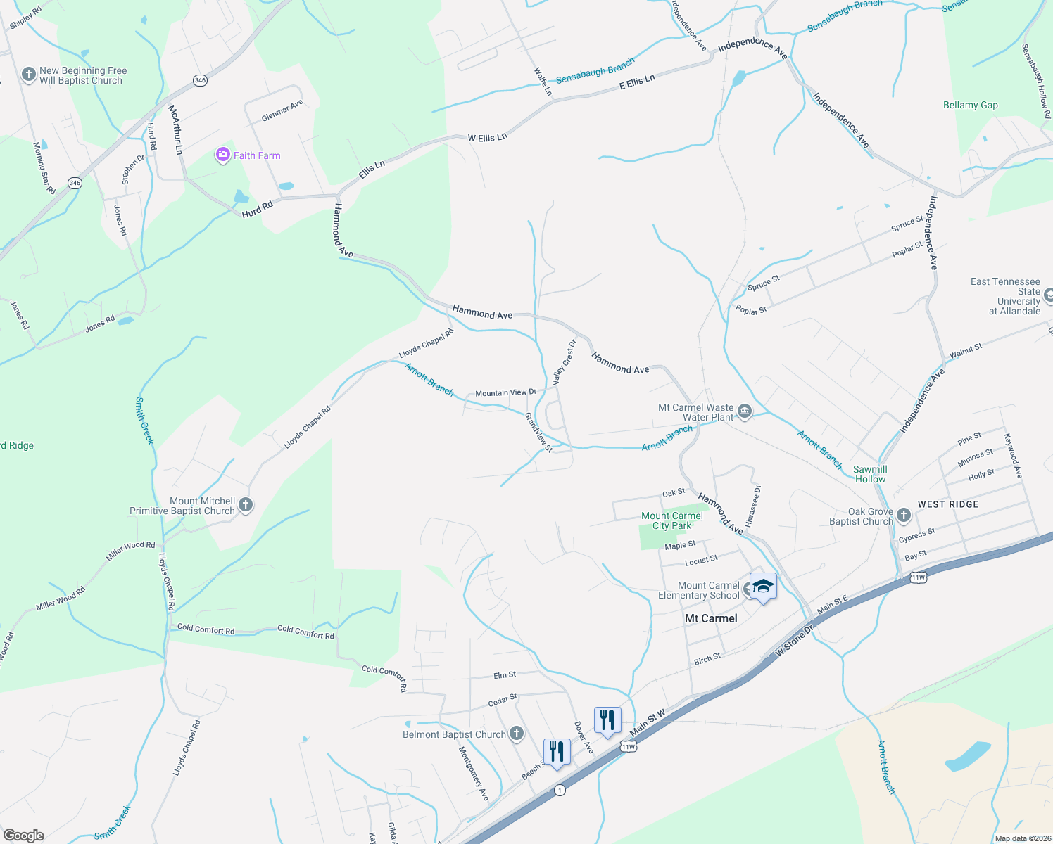 map of restaurants, bars, coffee shops, grocery stores, and more near 200 Grandview Street in Mount Carmel