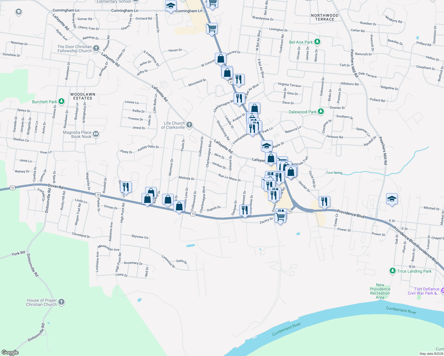 map of restaurants, bars, coffee shops, grocery stores, and more near 304 Rue Le Mans Drive in Clarksville