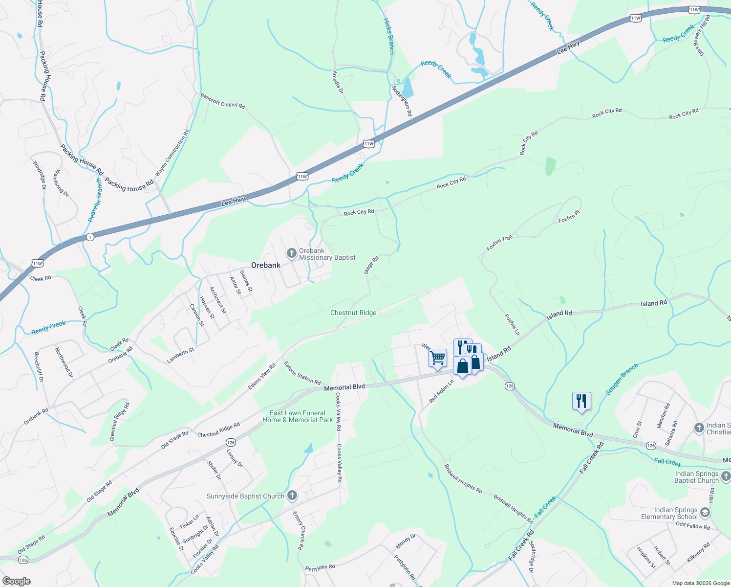 map of restaurants, bars, coffee shops, grocery stores, and more near 360 Stage Road in Kingsport