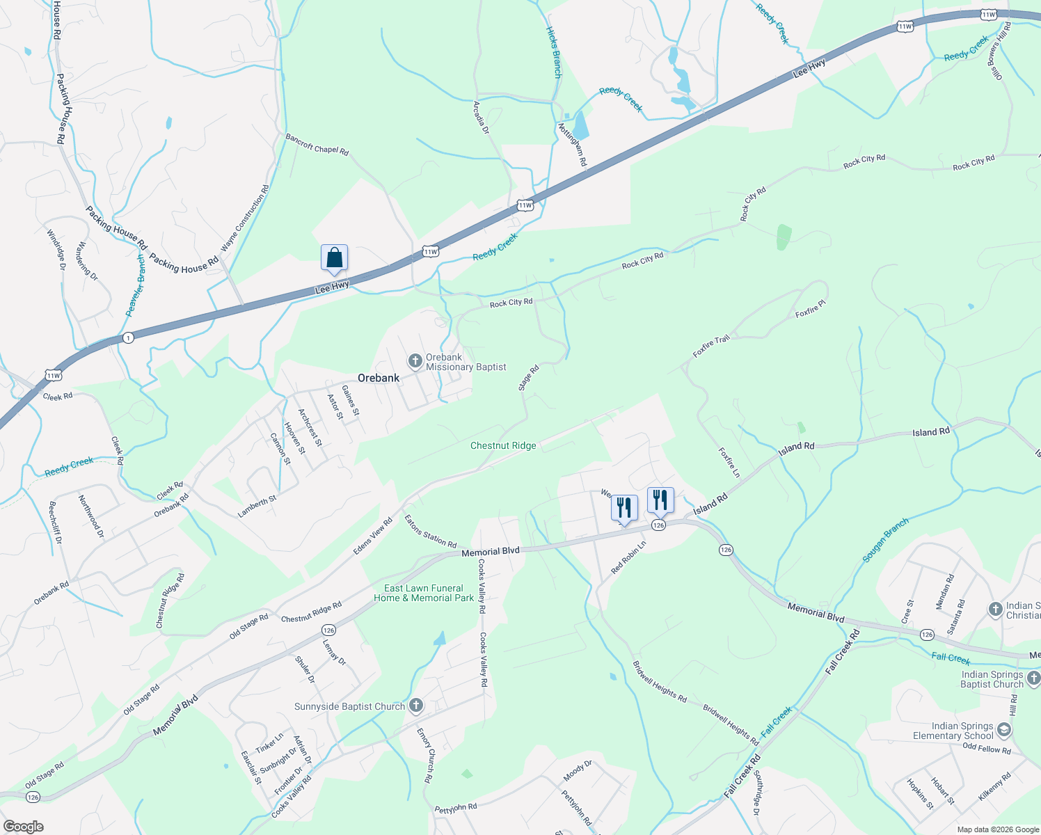map of restaurants, bars, coffee shops, grocery stores, and more near 360 Stage Road in Kingsport