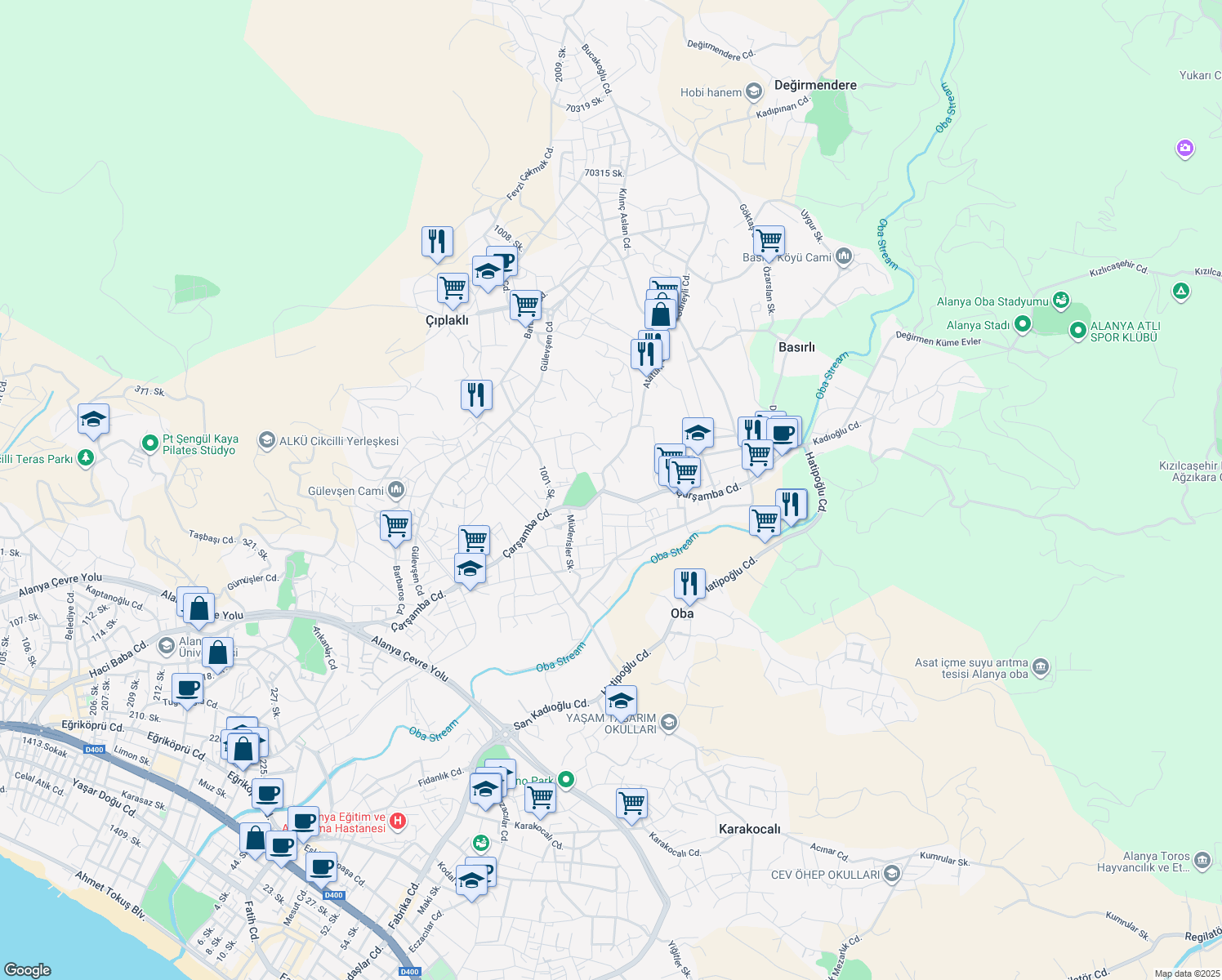map of restaurants, bars, coffee shops, grocery stores, and more near 51/B Çarşamba Caddesi in Alanya